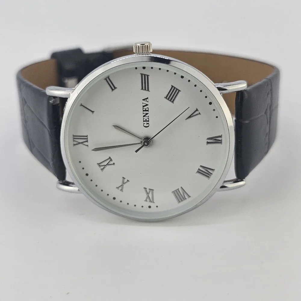 Men Analog Watch 38MM Roman Numerals White Dial Black Leather Bands New Battery